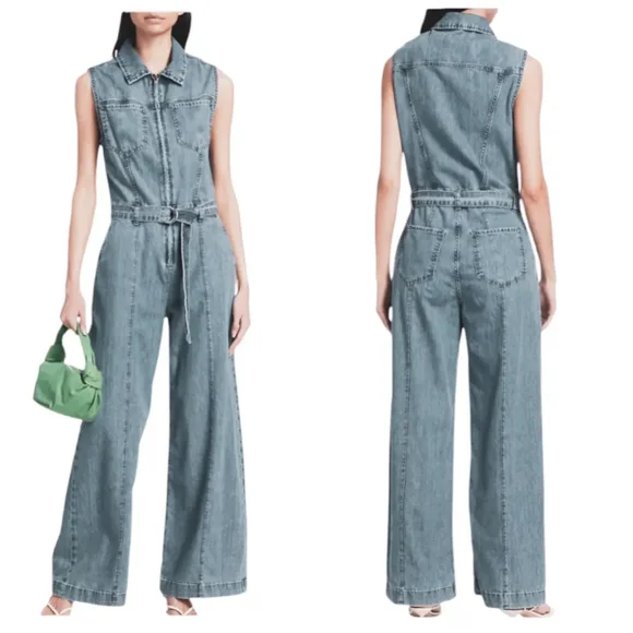 FRAME Sleeveless Wide-Leg Denim Jumpsuit $478 Belted Utility Size M J1838 - Picture 3 of 11